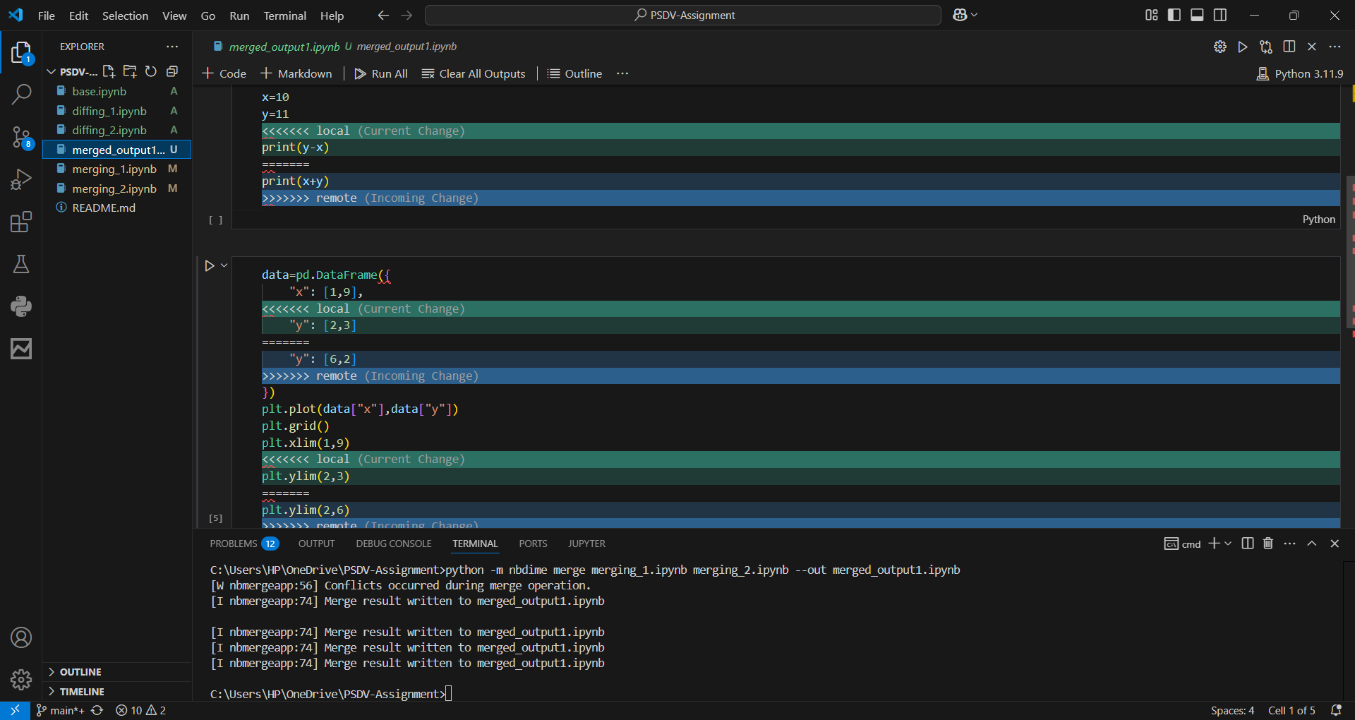 Fig: Showing the Output of merging using nbdime in the terminal Window